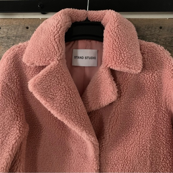 Women’s 38 STAND STUDIO CAMILLE COCOON Champagne Pink Fleece Teddy Coat EXC - Picture 2 of 13